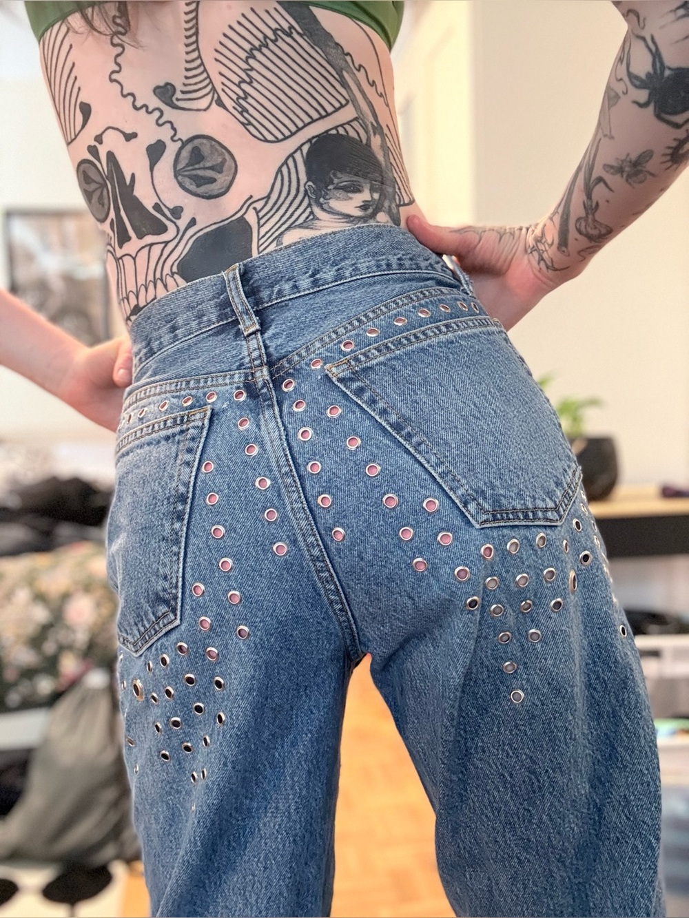 Custom baggy jeans with grommets
